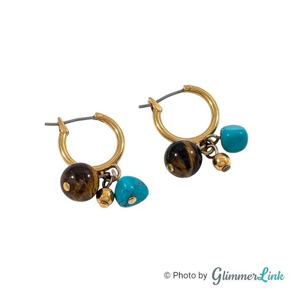 Petite Tiger's Eye Teal Stone Beaded Dangle Gold Tone Hoop Earrings - Picture 4 of 6